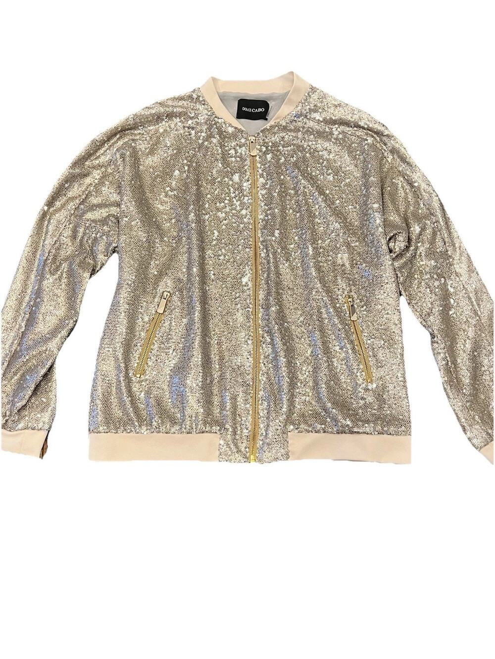 Dolce Cabo Sequin Bomber Jacket Gold Zip Front Metallic Sparkle Women’s Size M